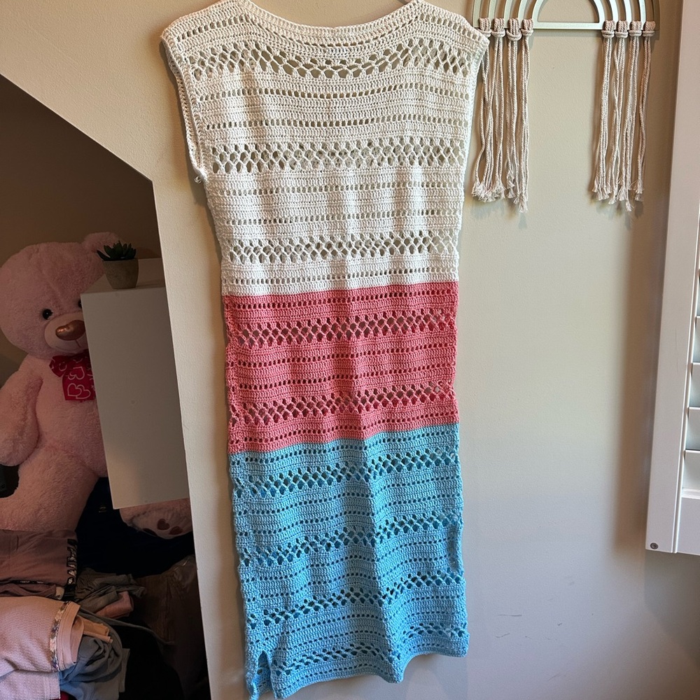 Crochet Striped Dress in White, Pink, and Blue - Picture 12 of 13